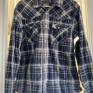 BKE Men's Navy and White Plaid Button Down Shirt